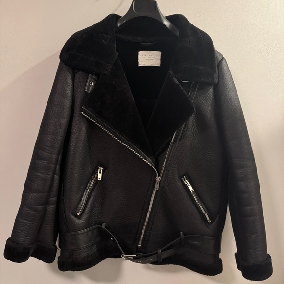 Zara Jackets & Blazers - Women's Zara Black Shearling Biker Jacket L